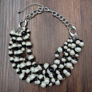 Vintage Multi Strand Black & White Faux Pearl Statement Necklace Beaded Bib